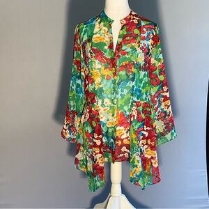 Chenault Vibrant Jewel Tones Watercolor Floral Tunic Blouse Mandarin Collar